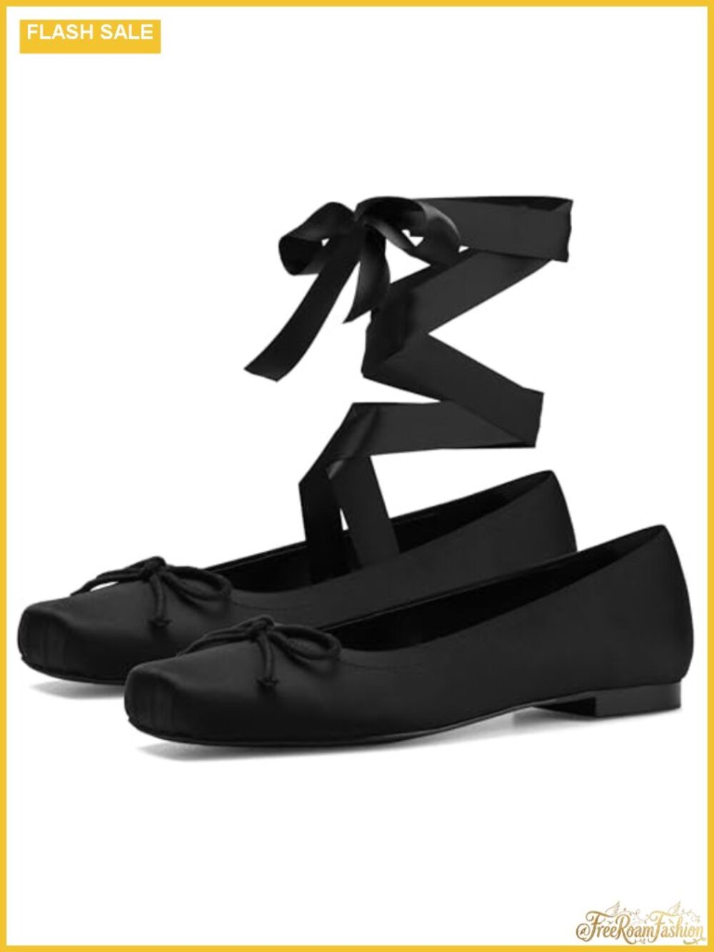 Women's Satin Ballet Flats with Detachable Ribbon, Square Toe